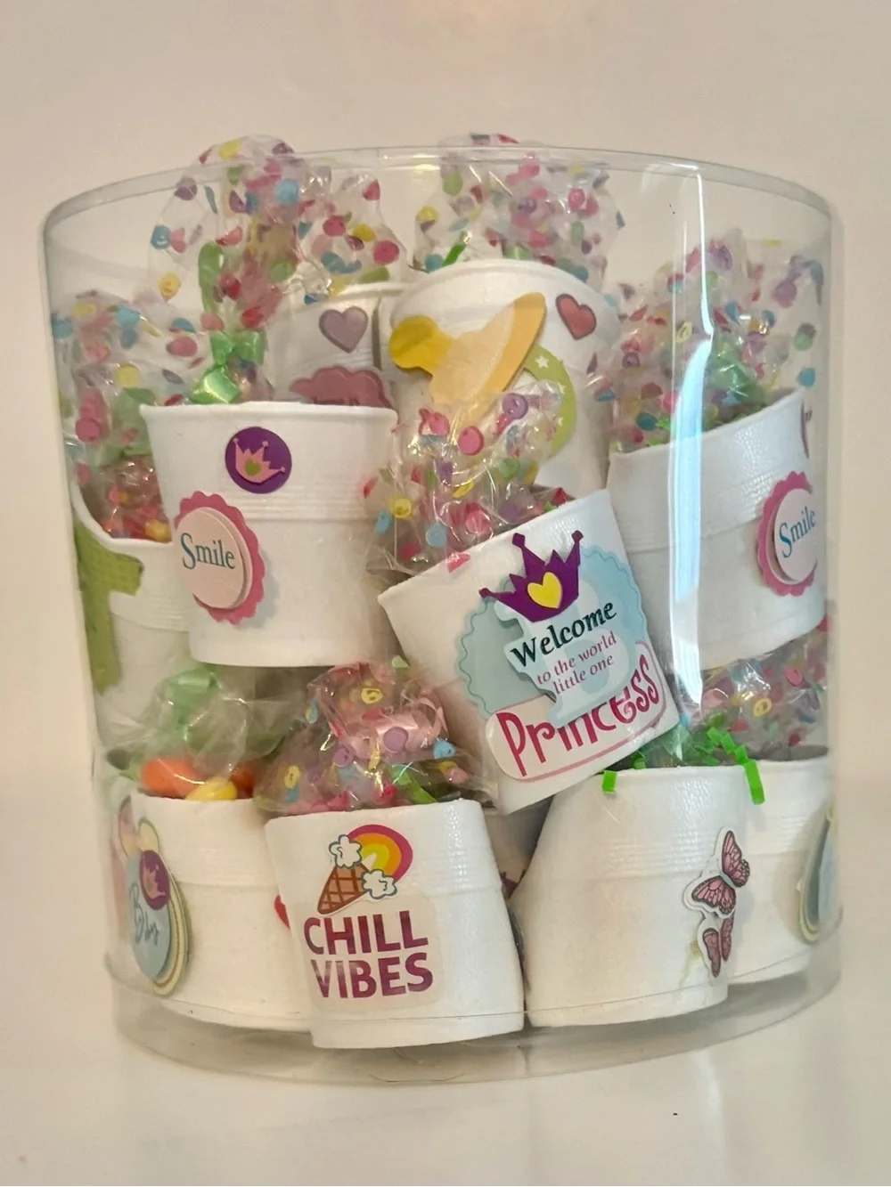 23 - Handmade Party Favor Styrofoam bootie Cups w/stickers & tic tac Chewy Candy